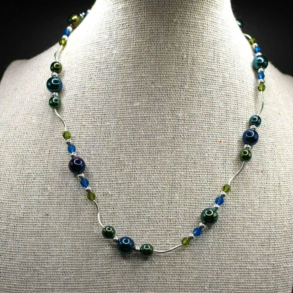 .925 (Untested) Glass and Silver Beaded Choker Necklace‎ Magnetic Clasp